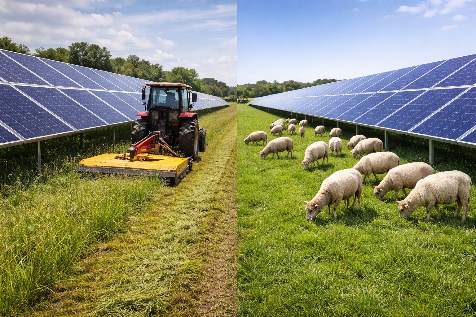 Side by side comparison of mechanical mowing and sheep grazing under solar panels